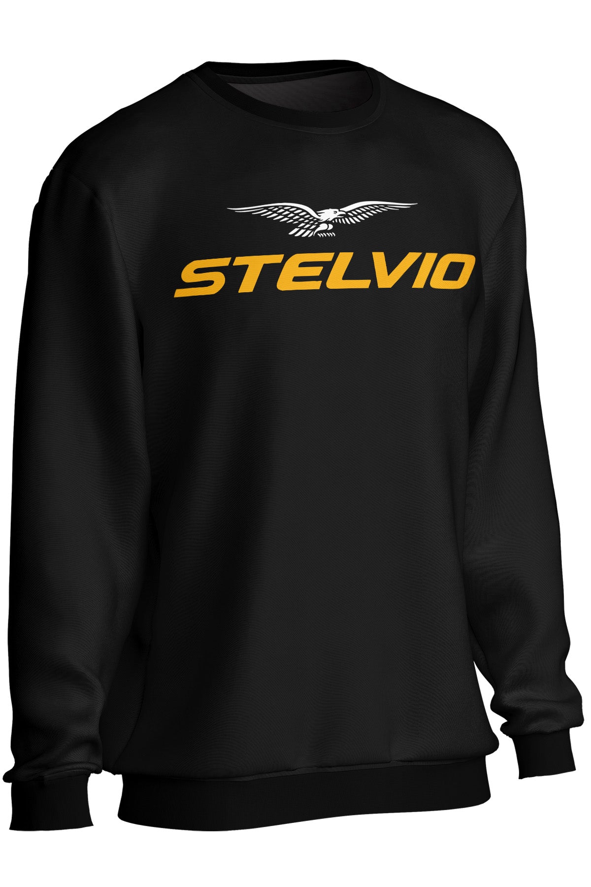 Black sweatshirt with 'STELVIO' logo on a white background