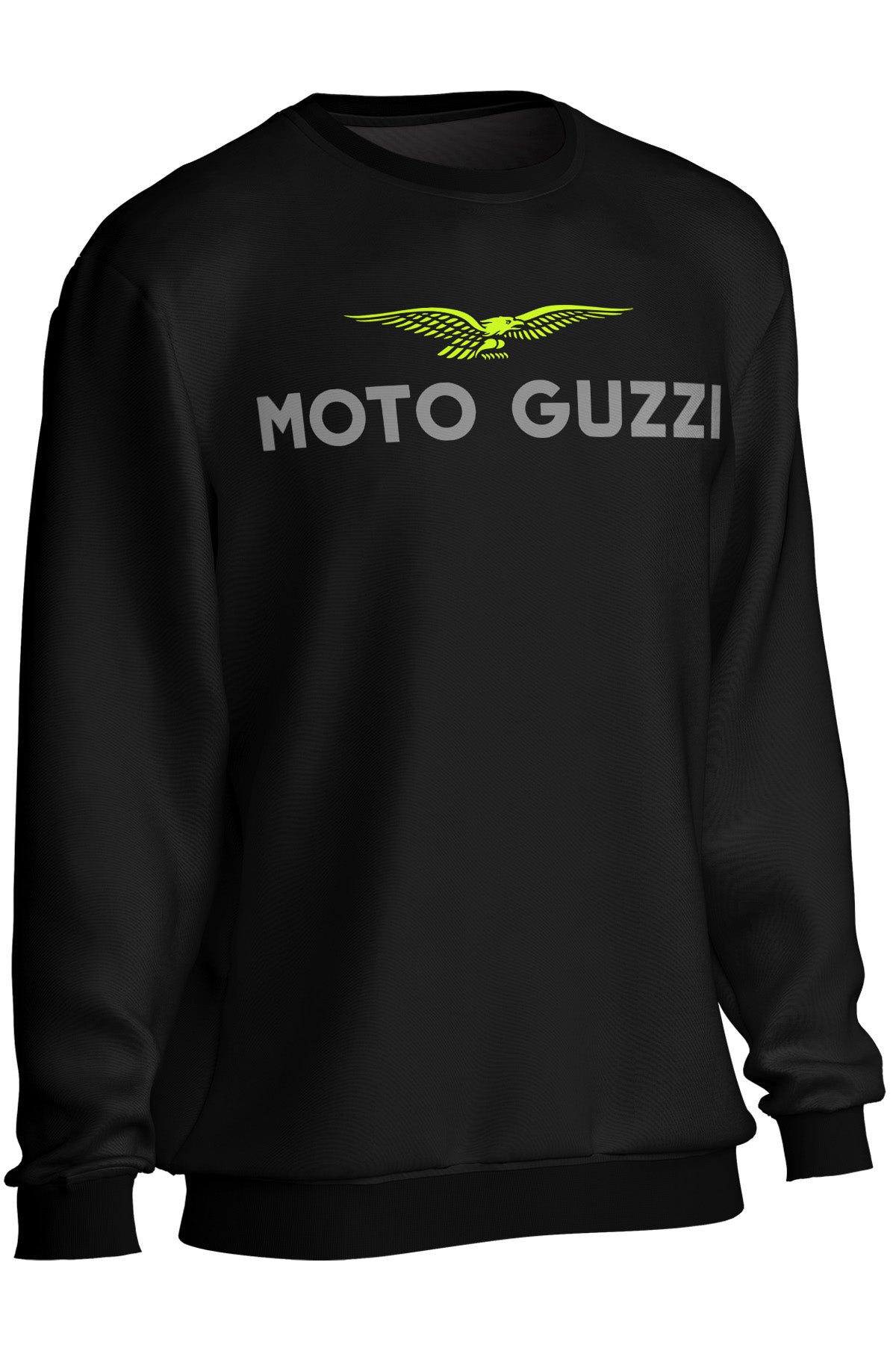 Black sweatshirt with Moto Guzzi logo on a white background