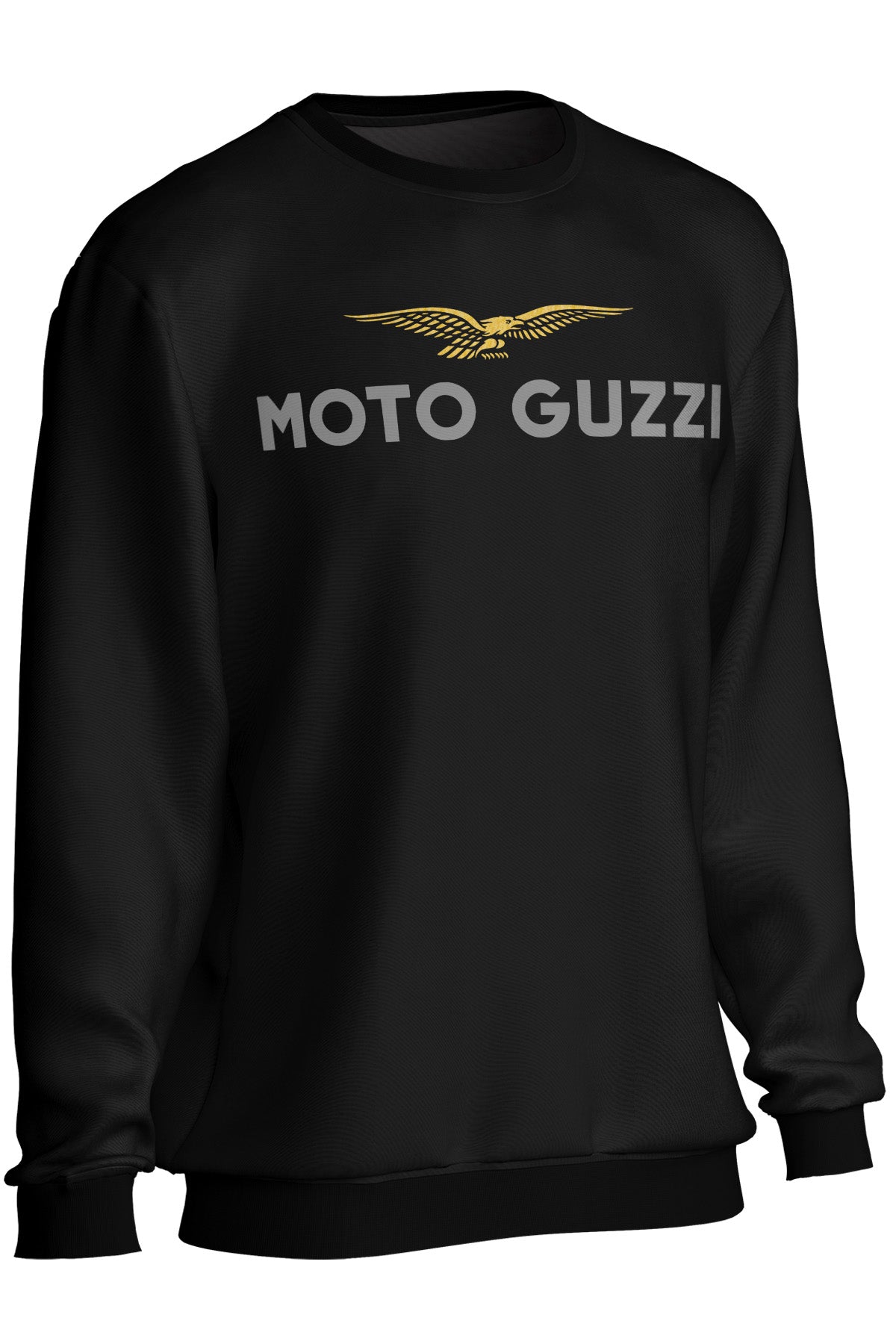 Black sweatshirt with Moto Guzzi logo on a white background