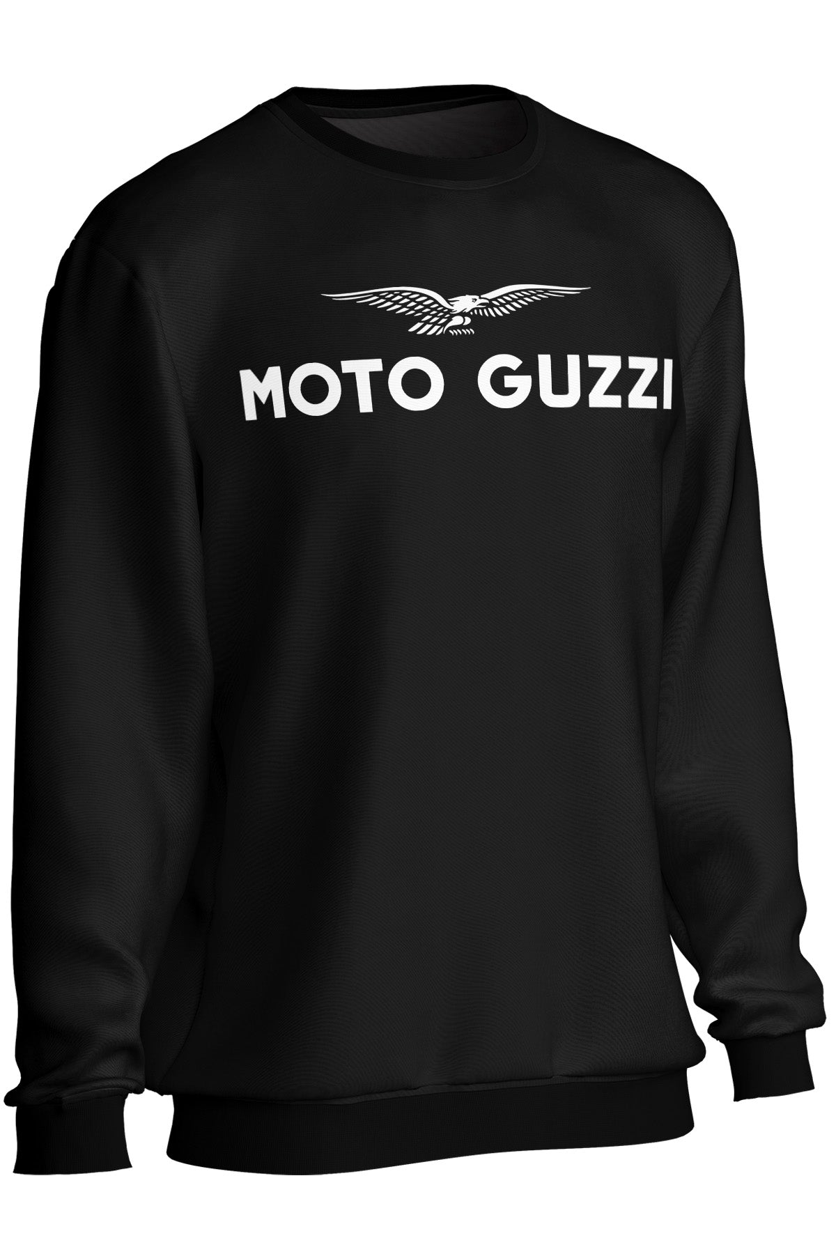 Black sweatshirt with Moto Guzzi logo on a white background