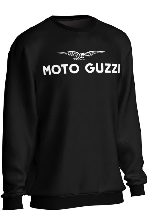 Black sweatshirt with Moto Guzzi logo on a white background