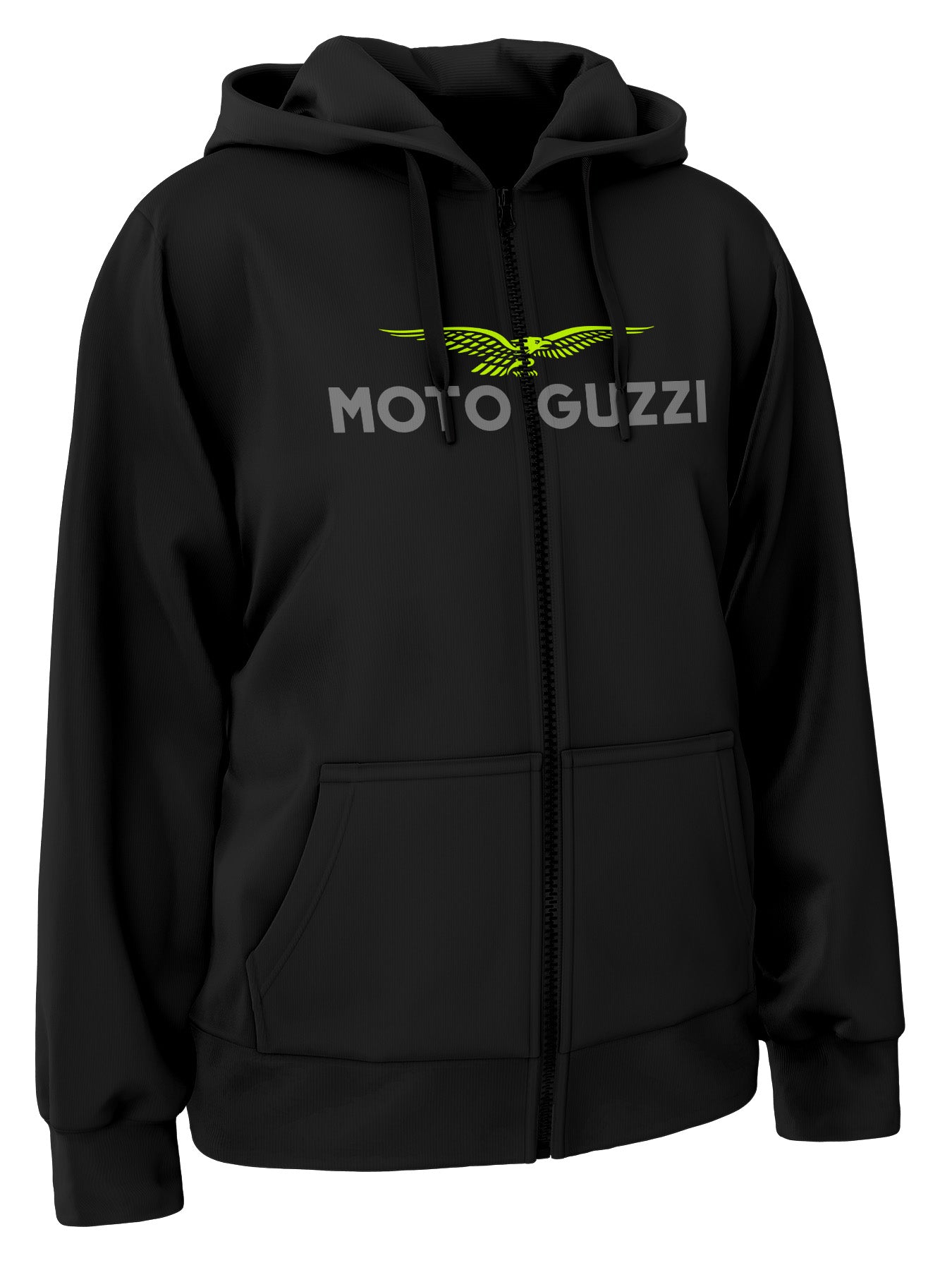 Black full zip hoodie with Moto Guzzi logo on a acid green and grey print