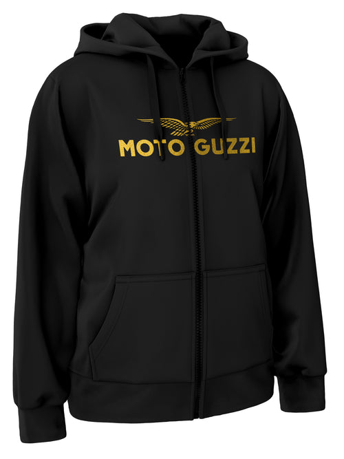 Black full zip hoodie with Moto Guzzi logo on a gold print