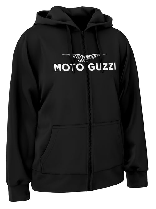 Black full zip hoodie with Moto Guzzi logo on a white print