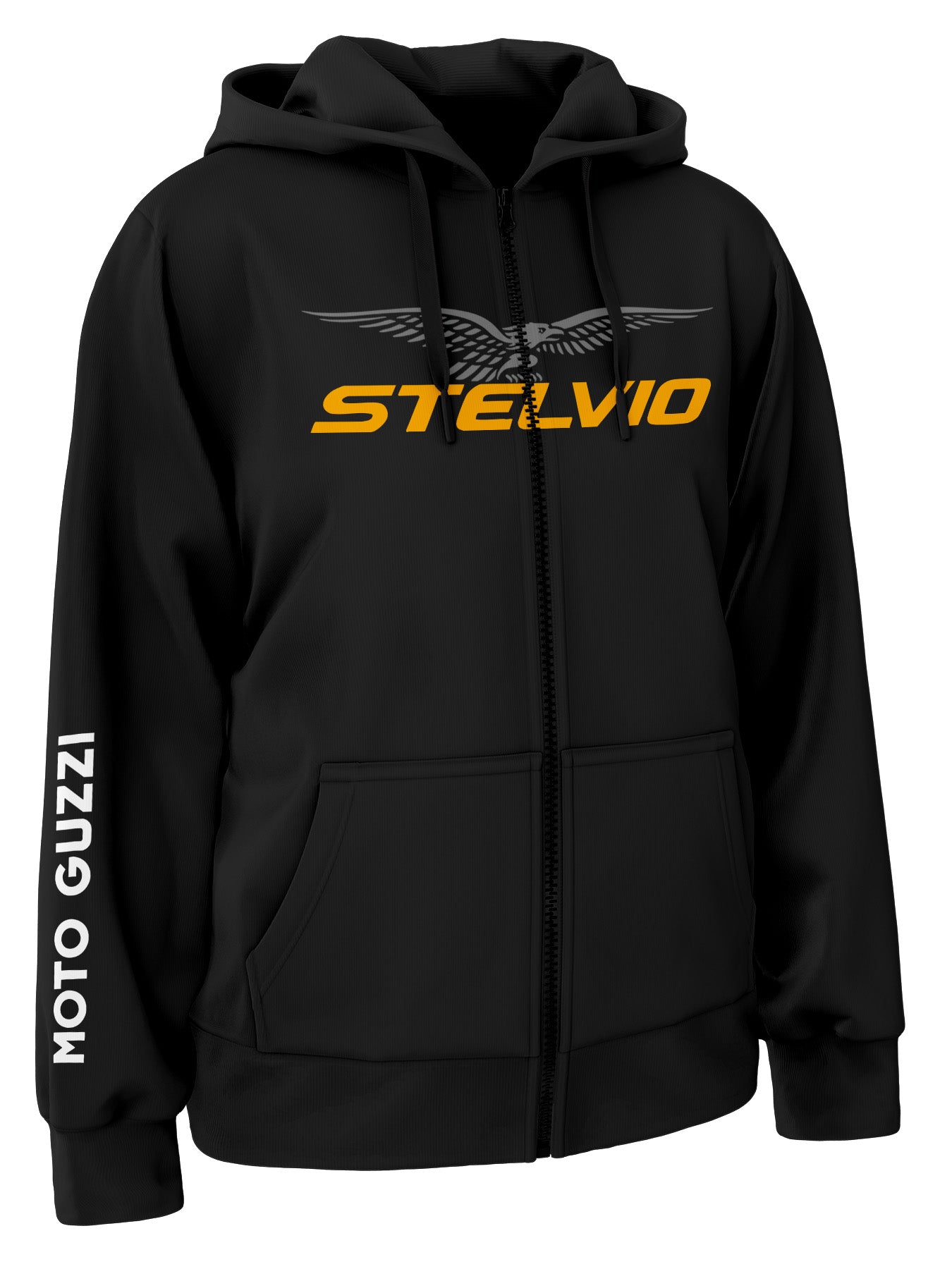 Black hoodie with 'Stelvio' and 'Moto Guzzi' branding on a grey and yellow background