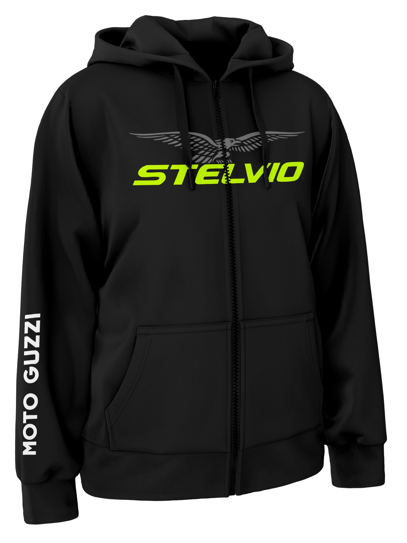 Black hoodie with 'Stelvio' and 'Moto Guzzi' branding with a grey and lime green text.