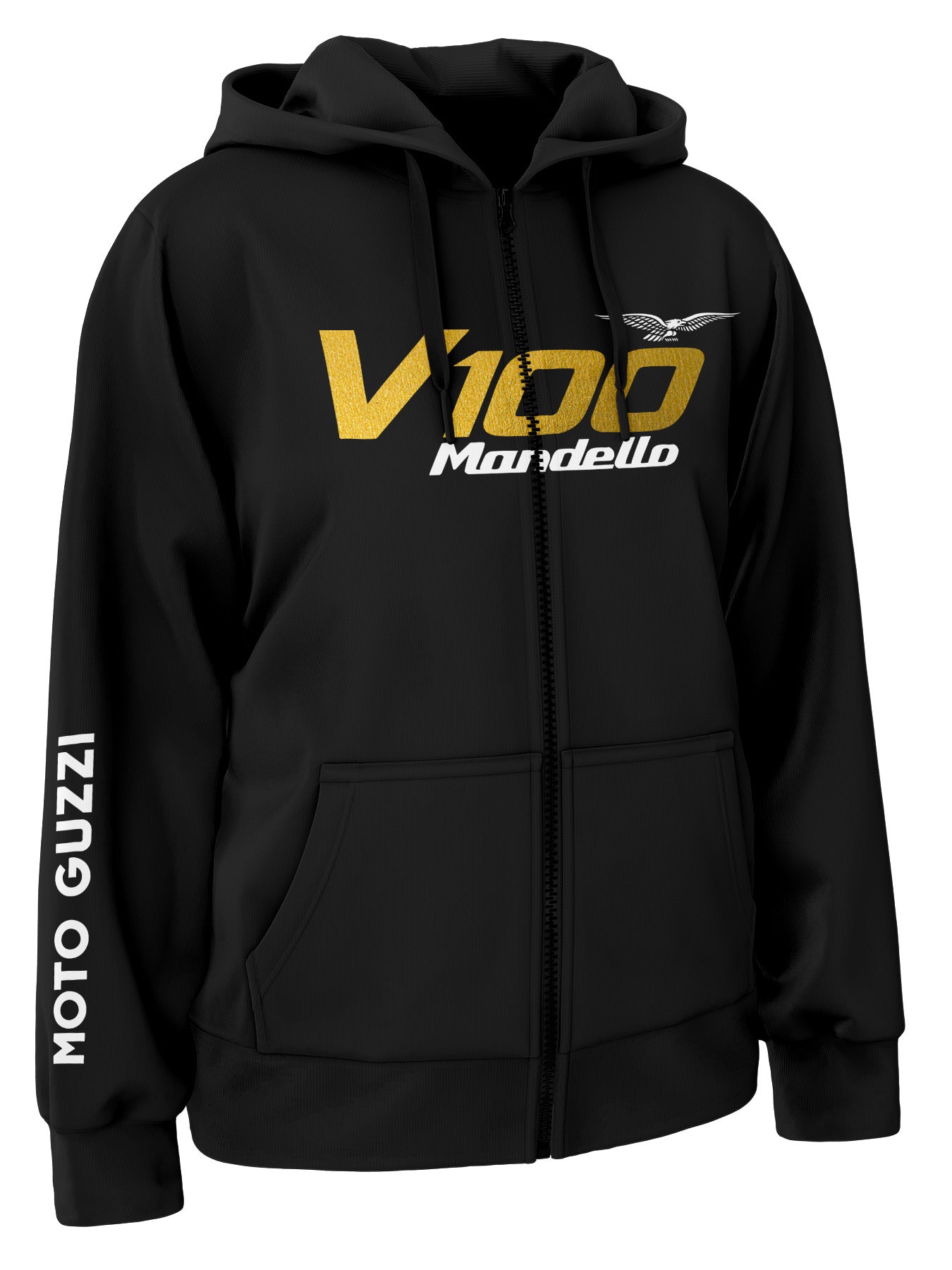 Black hoodie with gold and white Moto Guzzi and v100 mandello branding on a white background