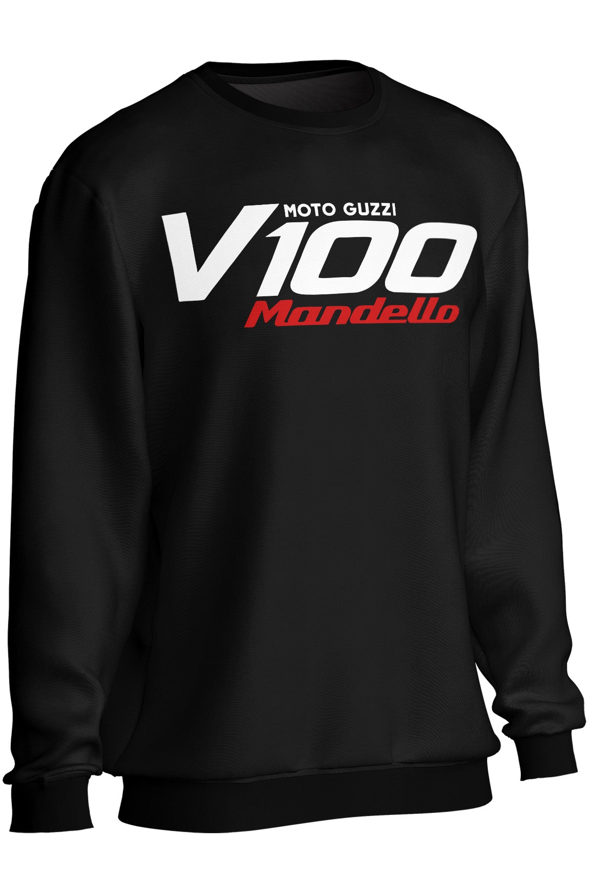 Black sweatshirt with Moto Guzzi V100 Mandello text on a white background