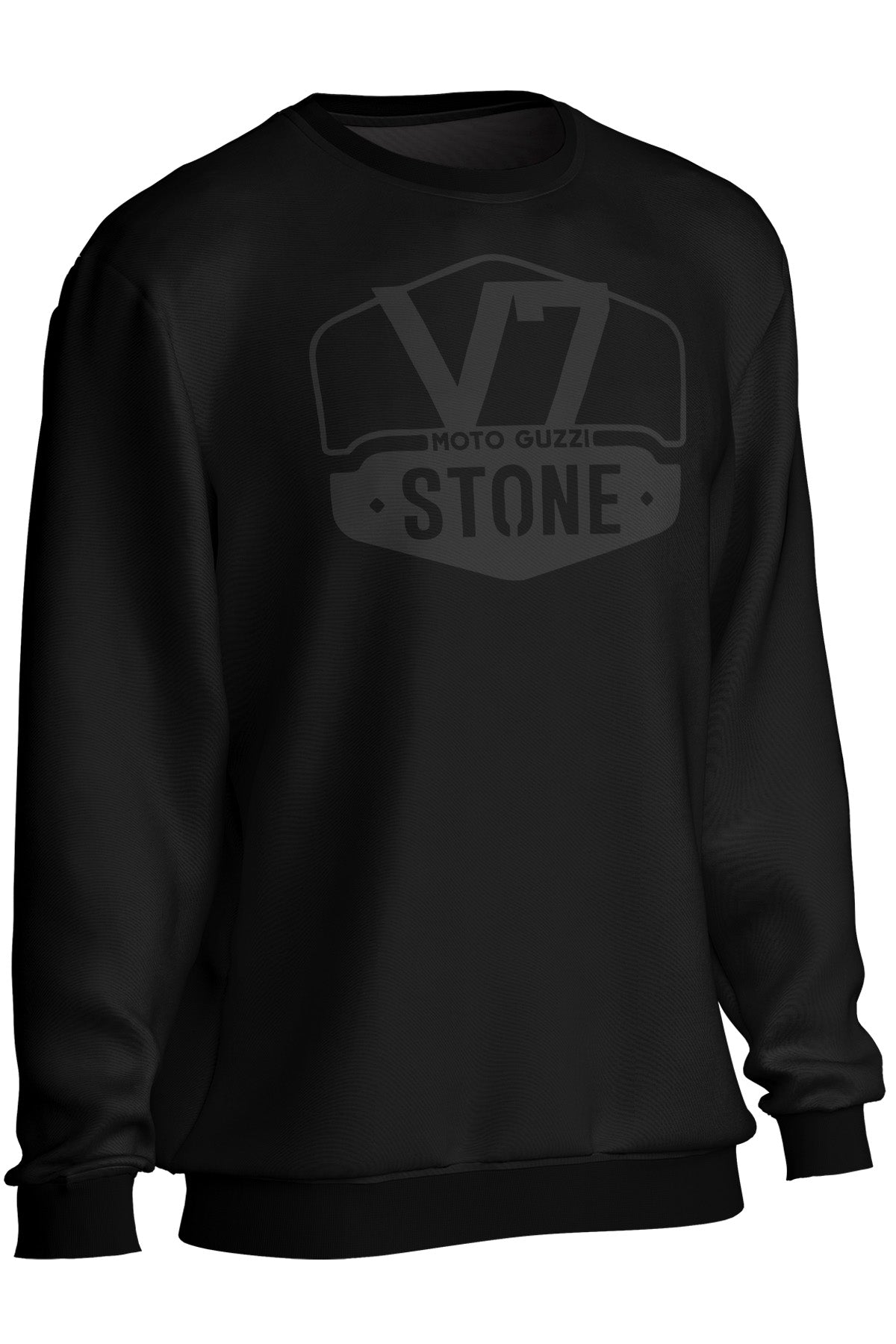 Black sweatshirt with 'V7 Stone' logo on a white background