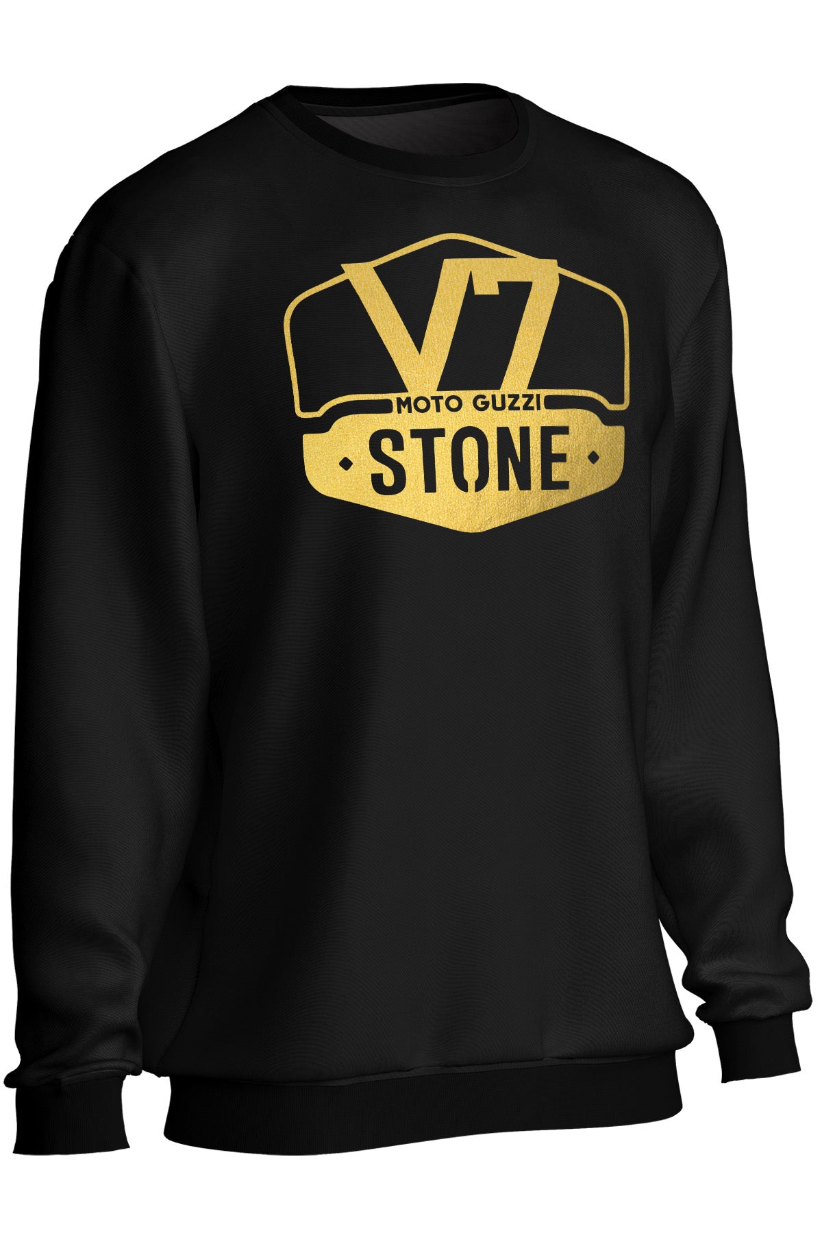 Black sweatshirt with gold V7 Stone logo and text on a white background