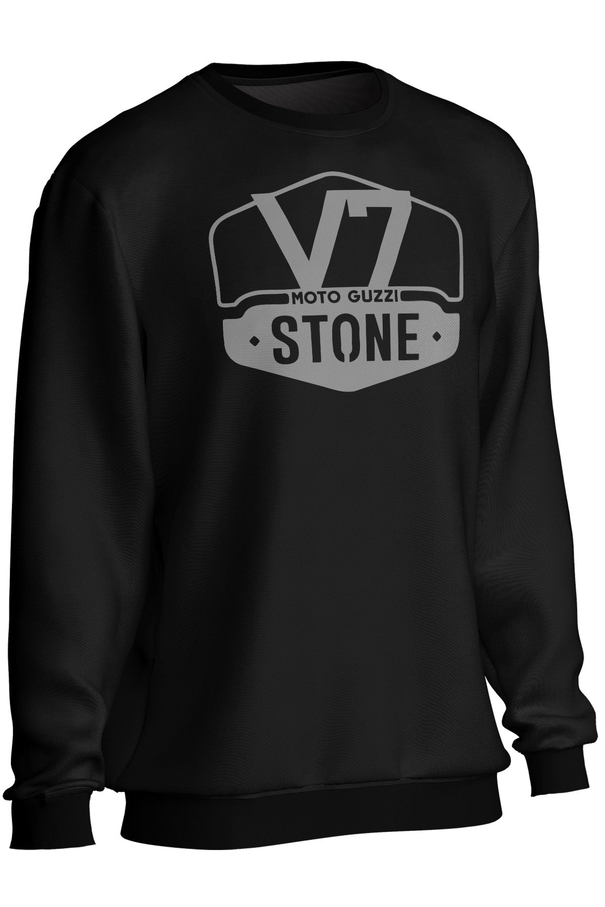 Black sweatshirt with 'V7 Moto Guzzi Stone' logo on a white background