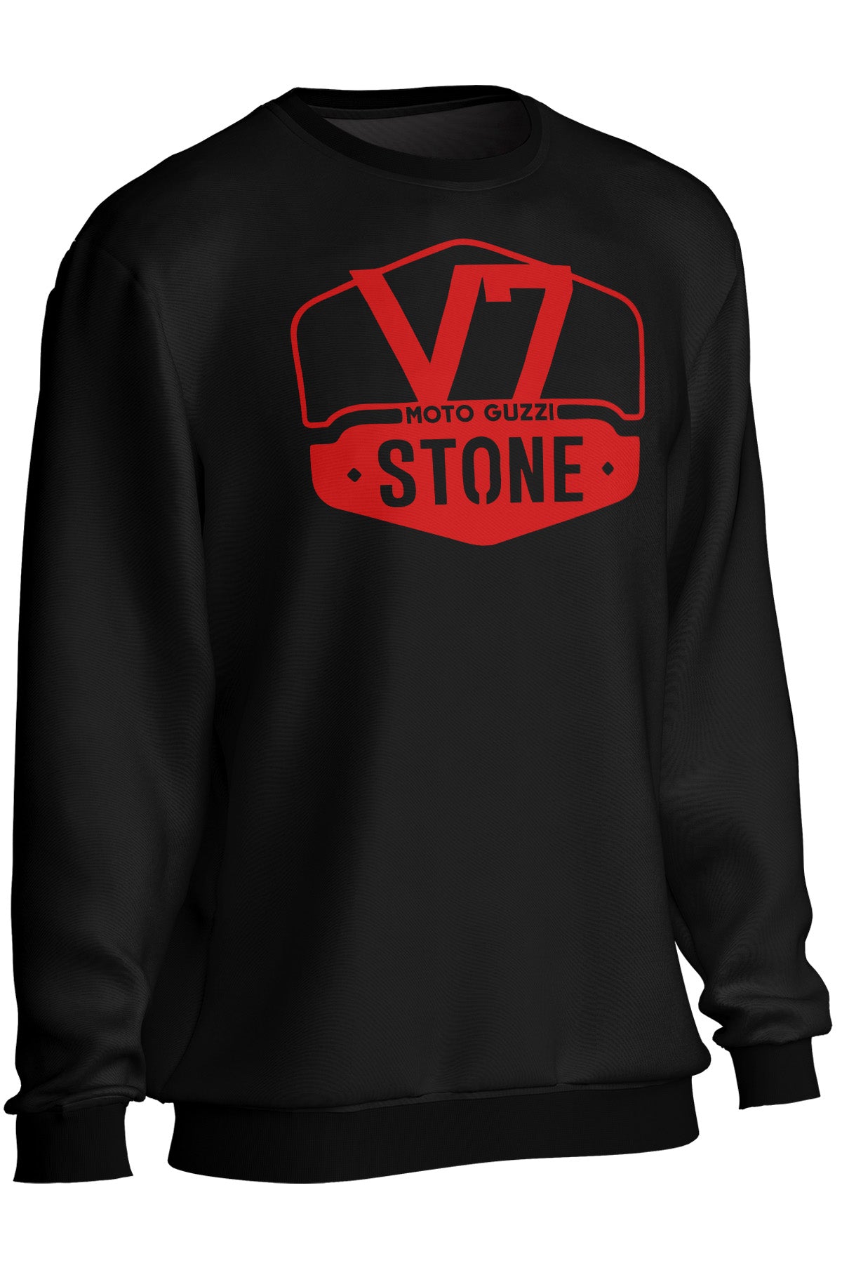 Black sweatshirt with red 'V7 Stone' logo on a white background