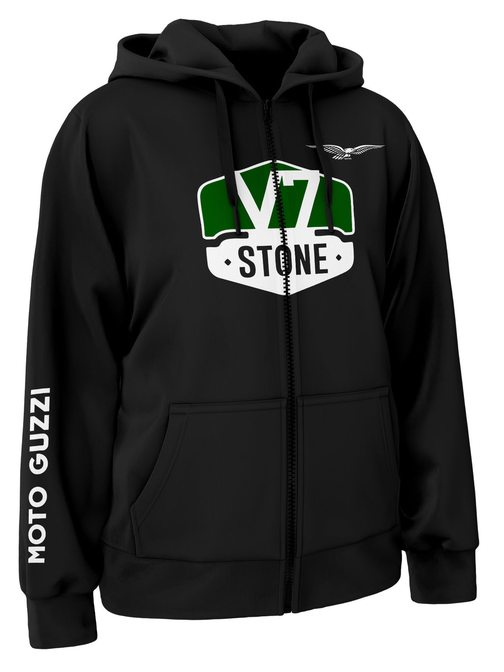 Black hoodie with V7 Stone logo and Moto Guzzi branding on a white background