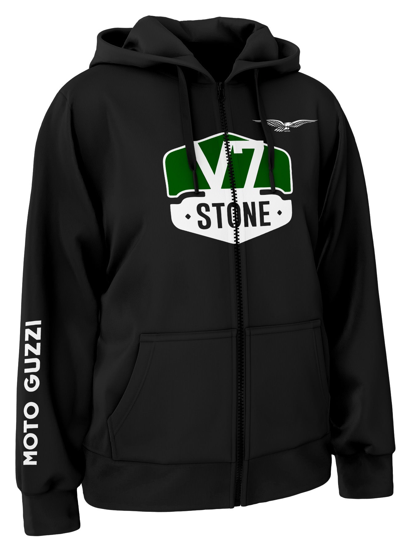 Black hoodie with V7 Stone logo and Moto Guzzi branding on a white background