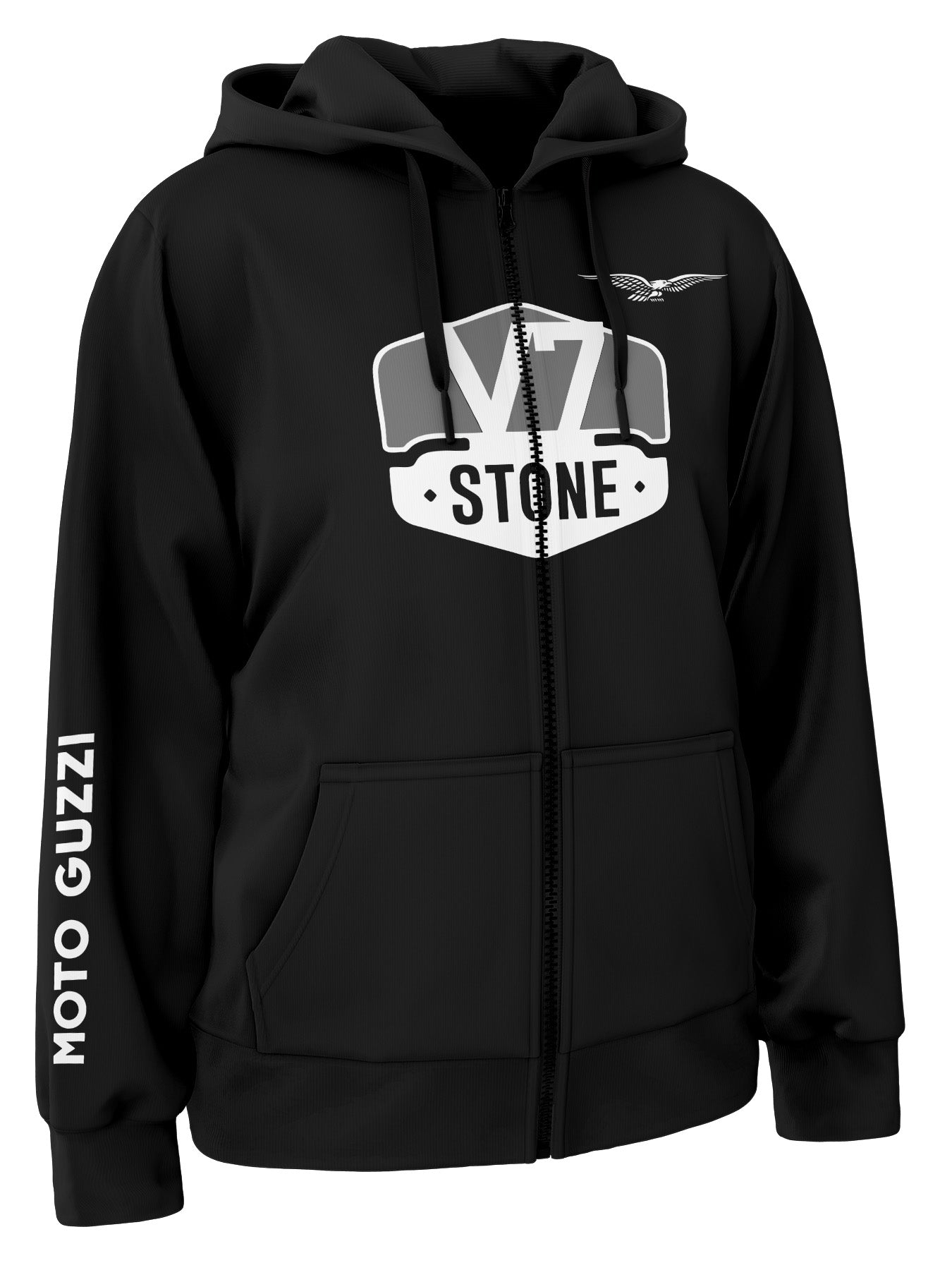 Black hoodie with V7 Stone logo and Moto Guzzi branding on a white background