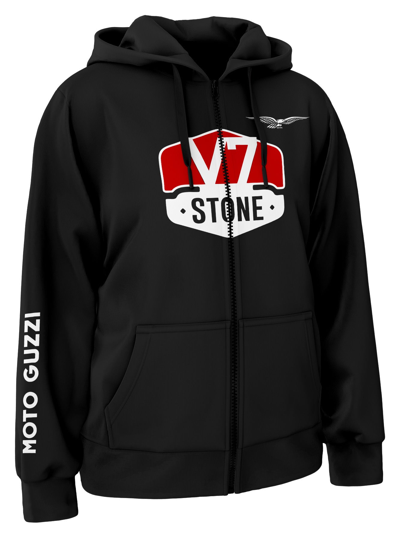 Black hoodie with V7 Stone logo and Moto Guzzi branding on a white background
