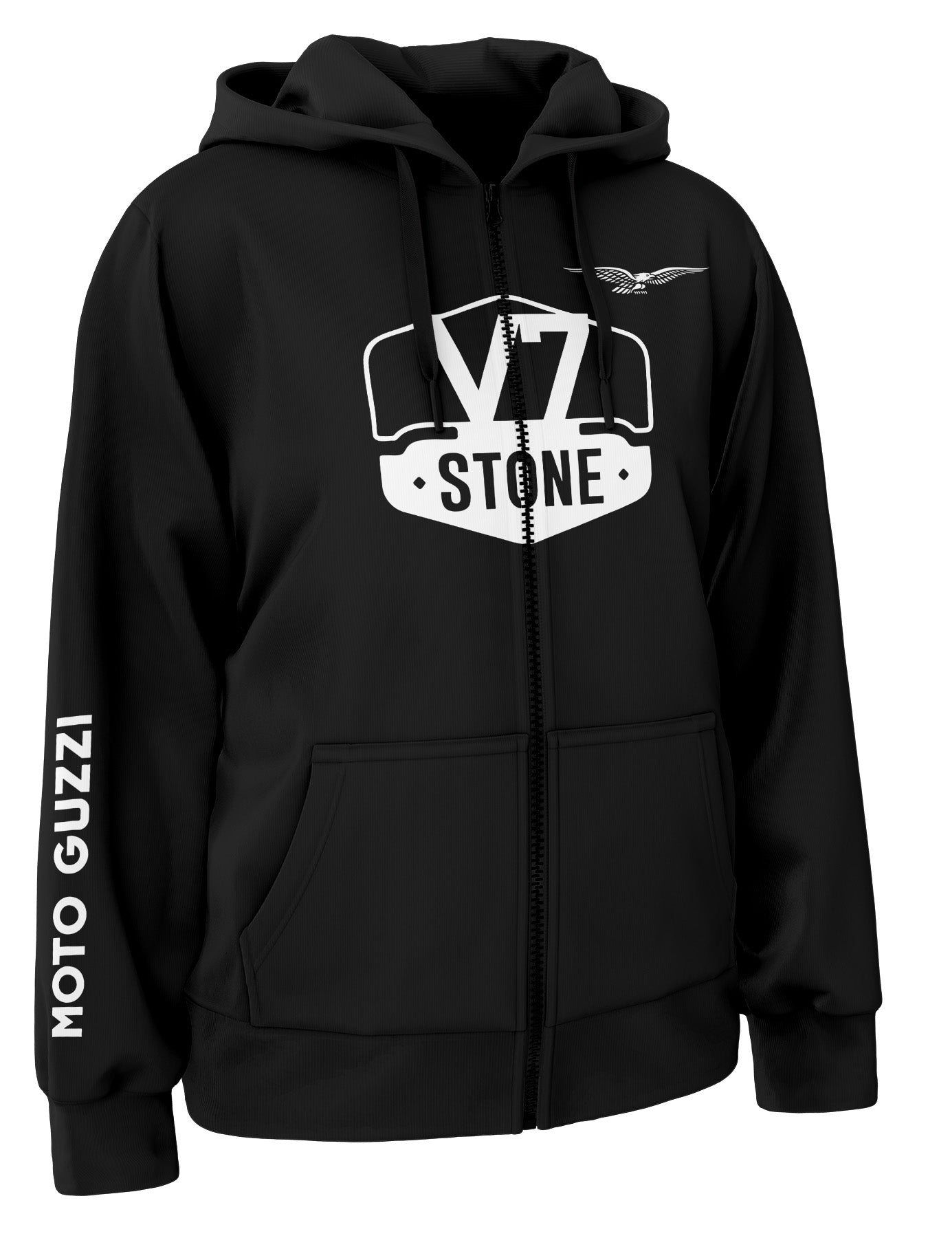 Black hoodie with V7 Stone logo and Moto Guzzi branding on a white background
